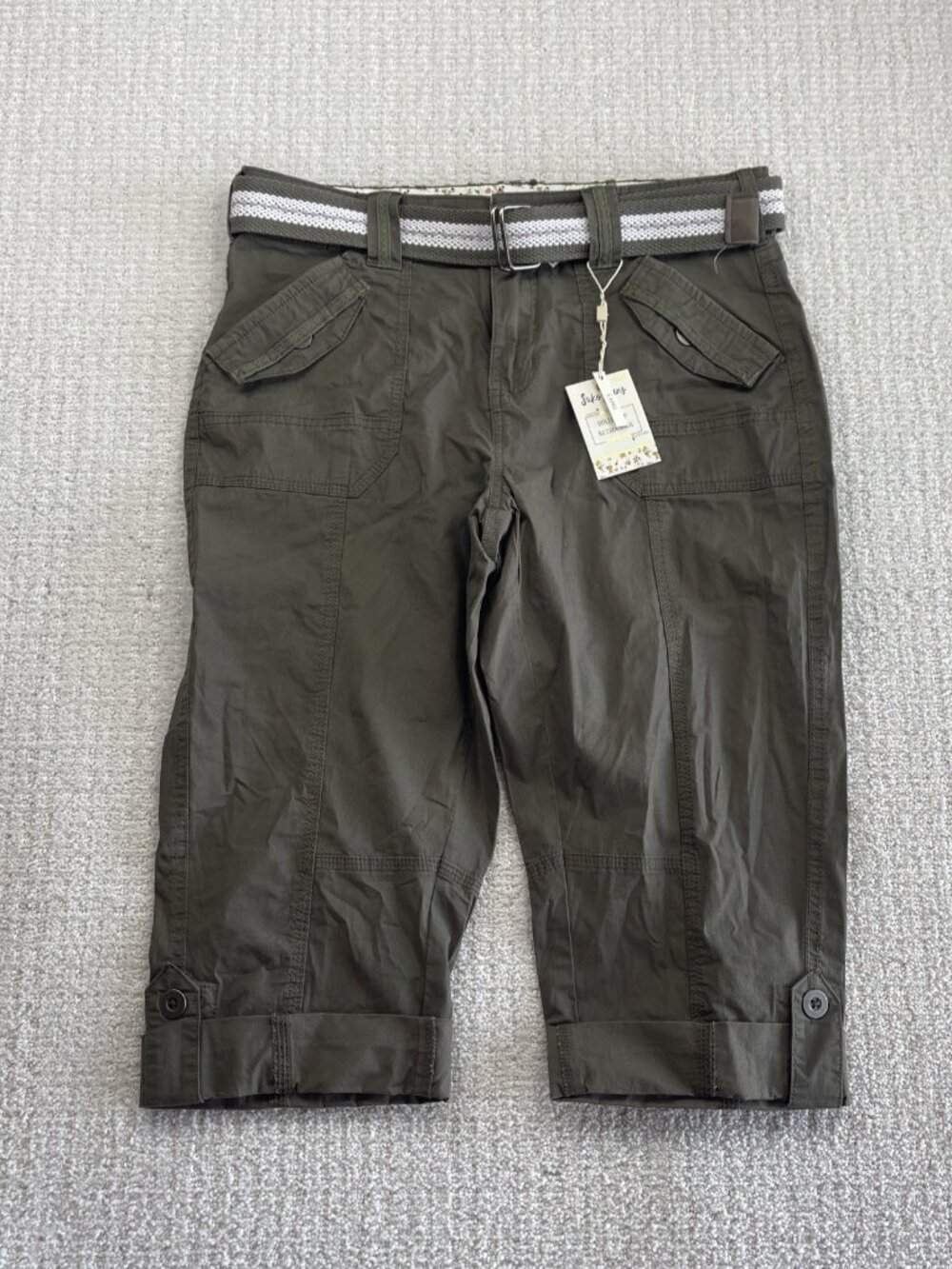 Y2K Suko Military Green Tech Roll Up Poplin Stretch Capri  Womens 8 NWT*
